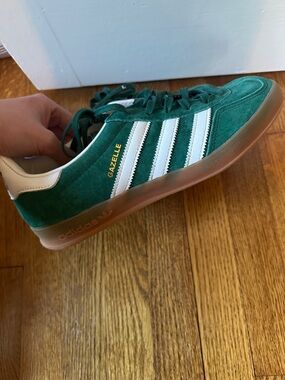 adidas Gazelle Green Suede Sneaker with White Stripes and Gum Sole